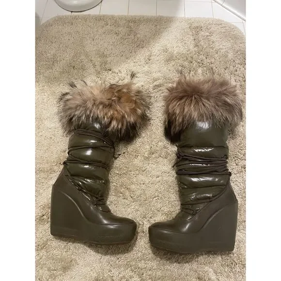 Moncler Nylon Fur Trim Lace-Up Boots - size 6 | US6, IT36 - Mocha Brown - Picture 2 of 13